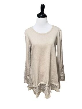 Style & Co Women's S Small Knit Top Long Sleeves Lace Accents Layered Beige